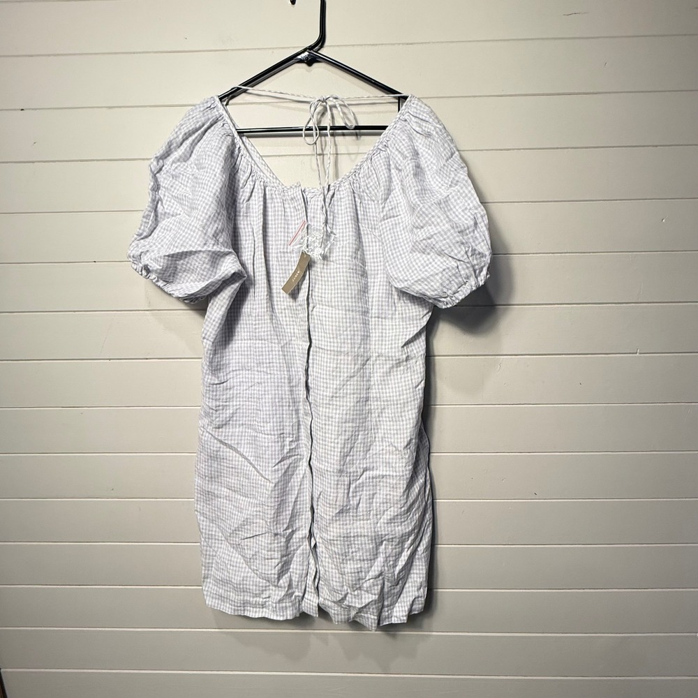 J.Crew Gingham Linen Puff Sleeve Mini Dress 10 Blue White BG470 NWT